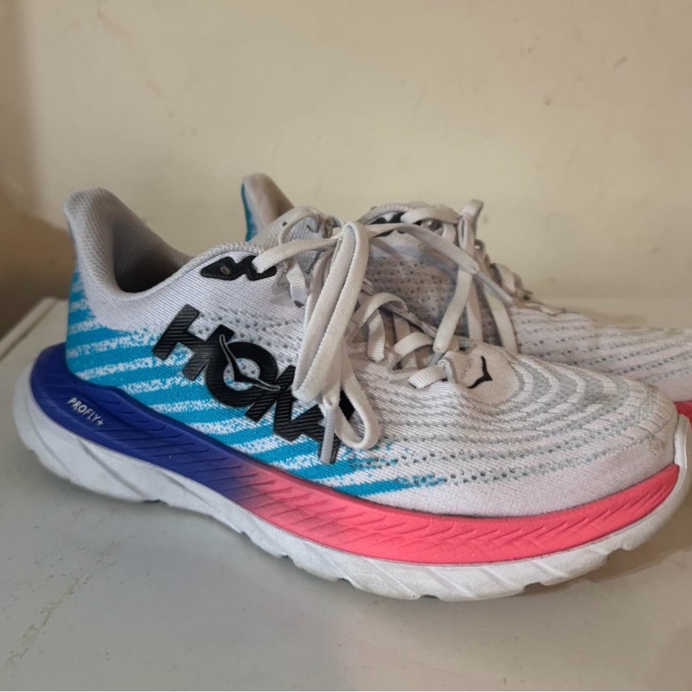Hoka Mach 5 Athletic Shoes in White, Blue, and Pink